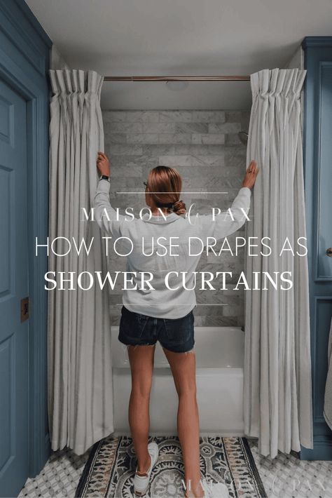 Find out how to hang drapes as double shower curtains for an easy and elegant look in your bathroom! Long Curtains For Shower Curtain, Guest Bathroom Shower Curtain Rustic, Drapery Panels For Shower Curtain, Farmhouse Guest Bathroom Shower Curtain, Use Curtains For Shower Curtain, Small Walk In Shower With Curtain, Shower Curtain With Valance Bathroom, Shower Drapes Bathroom, Long Curtains In Bathroom