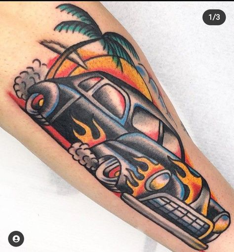 Hot Rod Tattoo Old School, Traditional Hot Rod Tattoo, Car Traditional Tattoo, Old School Car Tattoo, Vintage Car Tattoo, Piston Tattoo, American Traditional Sleeve, Hot Rod Tattoo, Traditional Tattoo Drawings