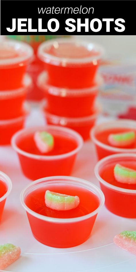 watermelon-flavored gelatin and vodka and topped with a cute watermelon sour candy, this is a treat the adults will love all summer long. Make a kid-friendly version without the alcohol so they can join in the fun too. Tequila Jello Shots, Watermelon Shots, Rum Jello Shots, Strawberry Jello Shots, Watermelon Jello Shots, Chocolate Pudding Shots, Blue Jello Shots, Sour Patch Watermelon, Jello Shooters