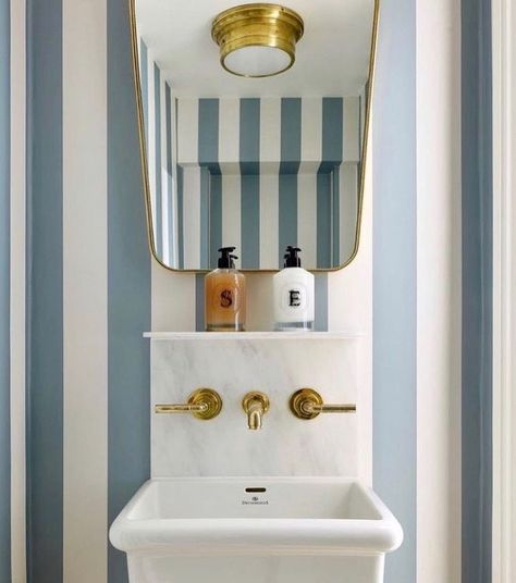 Some quirky downstairs bathroom ideas that have caught my eye 🩵 Can you guess the colour theme we’ll be doing in ours..… | Instagram Interior Design Help, London Townhouse, Downstairs Loo, Downstairs Toilet, Downstairs Bathroom, Powder Rooms, Striped Wallpaper, Bathroom Renos, Bathroom Inspo