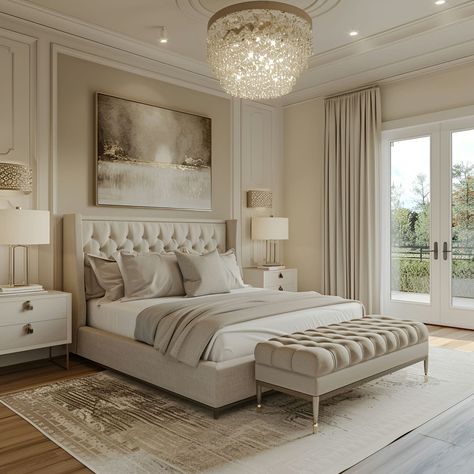 Elegant modern classic bedroom featuring a luxurious bed with a beige velvet headboard, crystal chandelier, and silver accents. Neutral tones dominate with light beige walls, cream carpet, and light wood floors. The room includes white side tables, modern and large art pieces, and soft grey pillows. French doors and large windows provide views to an outdoor terrace or balcony, enhancing the serene ambiance. Bedroom Ideas Champagne Color, Bedroom With Side Windows, Back Side Of Bed Design, Luxurious Bedrooms Master Modern 2024, French Windows Bedroom India, Classic Bedroom Inspirations, Neo Classic Side Table, Bedroom Beige Ideas, Beige Bedroom Carpet