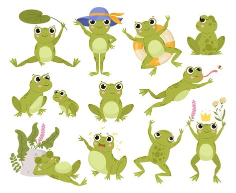 Vector green cartoon frogs active water ... | Premium Vector #Freepik #vector #funny-cartoon #funny-character #animal-illustration #cartoon Sleeping Frog Illustration, Frog Character Design Illustration, Frog Illustration Cute, Frog Cartoon Drawing, Frog Draw, Frogs Illustration, Frog Vector, Cartoon Frogs, Frog Character