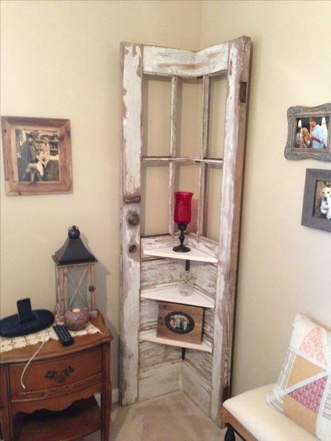 Corner Shelf from a Reclaimed Door Cheap Diy Home Decor, Doors Repurposed, Corner Storage, Rustic Doors, In The Corner, Old Door, Repurposed Furniture, Cheap Home Decor, Rustic Furniture