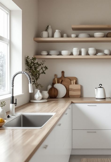 Discover the elegance of minimalist Nordic design in this stunning kitchen. With sleek white cabinetry, light wood countertops, and open shelving, this space exudes a clean, modern aesthetic while embracing warmth and simplicity. Aesthetic Kitchen Minimalist, Clean Small Kitchen Aesthetic, Clean Home Aesthetic Kitchen, Galley Kitchen Scandinavian, Clean Girl Kitchen Aesthetic, Clean Girl Kitchen, Light Wood Countertops, Nordic Kitchen Inspirations, Clean Kitchen Aesthetic