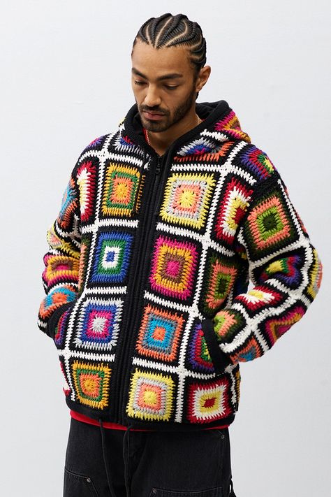 Crochet Menswear, Granny Square Haken, Granny Square Sweater, Crochet Men, Crocheting Ideas, Notebook Ideas, Granny Squares Pattern, Crochet Jacket, Crochet Cardigan Pattern