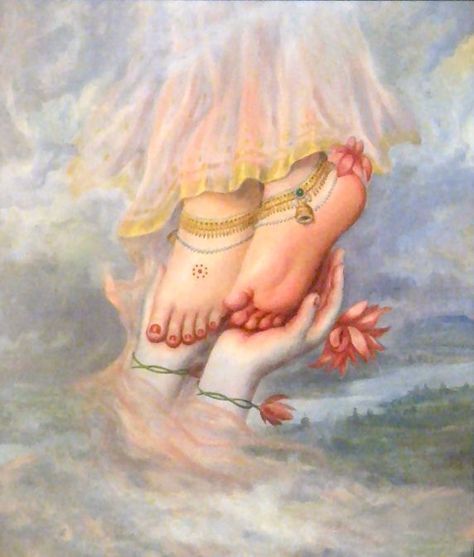 Radharanis Lotusfeet.      My only shelter is Sri Radhika's lotus feet which I yearn to worship with love and devotion. These lotus feet of Srimati Radhika are painted by Krsna's soft fingers with a feather dipped in the most fragrant red-colored juice. The gopis follow Krsna's example and worship the same feet for the happiness of all living entities. These feet are glorified in the Upanisads, and are found in the depth of the hearts of pure devotees. Arte Yoga, Radha Krishna Wallpaper, Vedic Art, Shiva Shakti, Lord Krishna Wallpapers, Krishna Radha Painting, Jai Shree Krishna, Radha Krishna Images, Radha Krishna Pictures