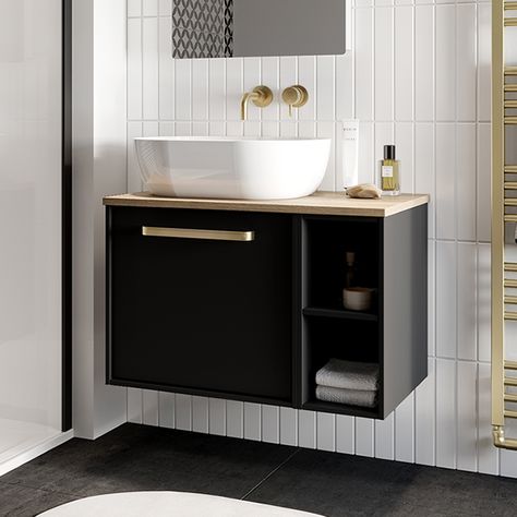 Black Countertop Bathroom, Bedroom Ensuite Ideas, Downstairs Wc, Counter Top Basin, White Worktop, Downstairs Toilet, Black Vanity, Sink Countertop, Bathroom Vanity Units