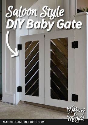 This rustic saloon style DIY baby gate is the perfect solution to prevent baby from going up the stairs when you don't have a lot of door swing space. Double Door Baby Gate, Half Door Ideas, Diy Saloon Doors, Indoor Pet Gate, Diy Dog Gate, Barn Door Baby Gate, Baby Gate For Stairs, Diy Baby Gate, Dog Gates