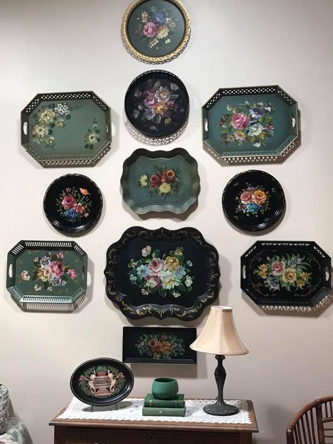 Tole Trays Display, Filipino Interior Design, Plate Walls, Tole Trays, How To Start Painting, Antique Vintage Decor, Tole Tray, Painting Walls, Start Painting