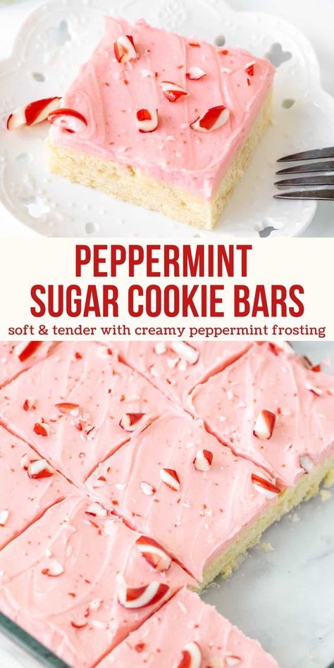 If you love thick and tender sugar cookies with creamy frosting - then you'll love these peppermint sugar cookie bars! They're quick and easy to make with a delicious hint of peppermint, creamy peppermint frosting and crushed candy canes on top. #peppermint #sugarcookies #sugarcookiebars #recipe #peppermintfrosting #candycanes #christmasbaking #christmascookies #cookiebars from Just so Tasty Peppermint Squares Recipe, Peppermint Cookie Bars, Everything Cookie Bars, White Peppermint Bark, Easy Baking Recipes For Christmas, Candy Cane Baked Goods, Holiday Baked Goods Christmas, Christmas Bar Recipes Holidays, Peppermint Sugar Cookie Bars