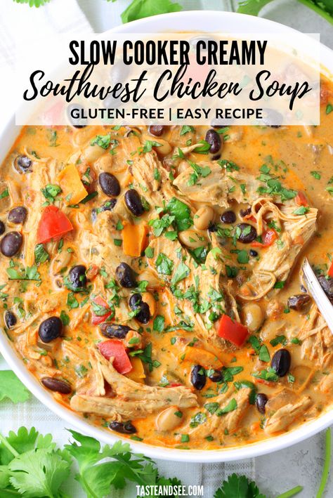 Creamy Southwest Chicken, Southwest Chicken Soup, Southwest Chicken, Gluten Free Recipes Easy, Chicken Soup Recipes, Crockpot Recipes Slow Cooker, Slow Cooker Soup, Easy Soups, Easy Soup Recipes