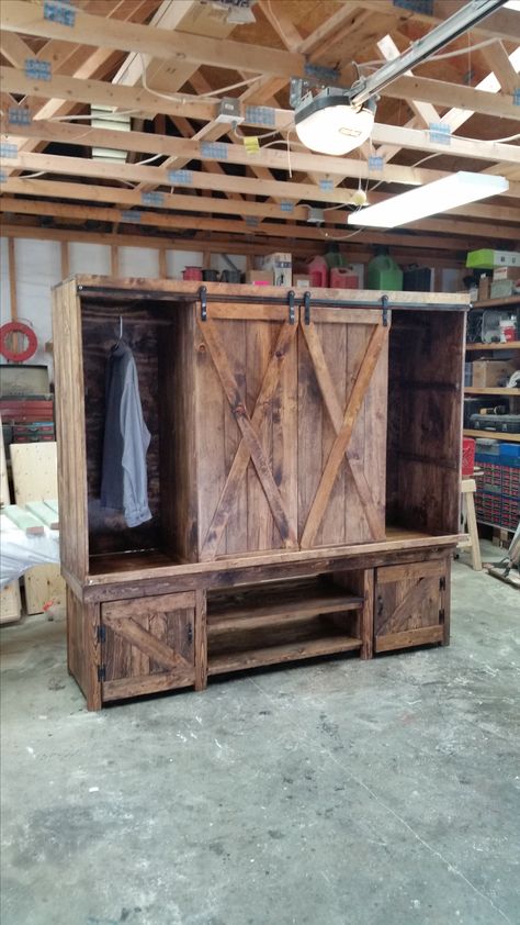 Custom built storage cabinet.  This was built for a hunting gear storage cabinet but this same design could be used for many different things including a media cabinet. Created by "The Trunk Trader", Dewey, AZ Storage For Hunting Gear, Hunting Clothing Storage, Hunting Garage Storage, Gear Storage Room, Hunting Clothes Storage, Hunting Gear Closet, Hunting Gear Organization, Hunting Cabinet, Gear Storage Ideas