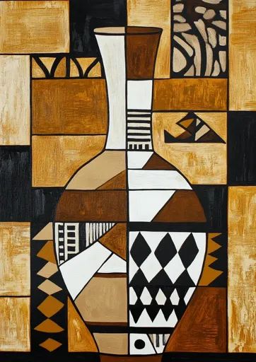 ↑↑↑ Larger size on website 🔸 The image is a stylized, geometric abstract painting of a vase. The vase is depicted in shades of br African Abstract Art, Geometric Abstract Painting, Pretty Nature Pictures, Shades Of Brown, Simple Colors, Geometric Abstract, African Art, Nature Pictures, Abstract Art Painting