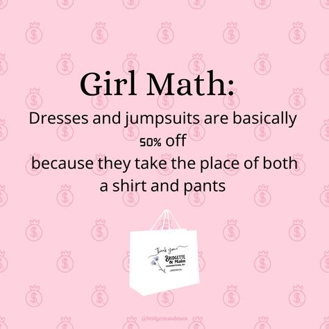 Girl Math! ⁣ Dresses and jumpsuits are basically 50% off because they take the place of both a shirt and pants! ⁣ ⁣ We don't make the rules! Positive Thoughts Quotes, Girl Math, Cropped Jumpsuit, Royal Blue Dresses, Striped Midi Dress, Floral Tea, Pink Midi Dress, Pink Maxi Dress, Baseball Mom