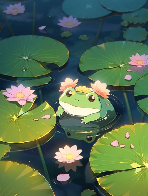 #nijijourney #water_lily #frog #illustration #background #wallpaper Frog And Lily Pad Drawing, Frog In Pond Painting, Frog In Water Drawing, Frog In Pond Illustration, Water Lilly Illustration, Lilypad Background, Frog On Lily Pad Painting, Lily Pond Illustration, Pond Illustration Art