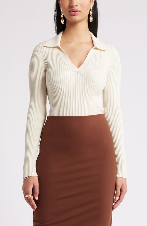 Open Edit Luxe Sculpt Rib Polo Sweater available at #Nordstrom Johnny Collar, Polo Sweater, Sweater Fashion, Sweater Top, Maxi Skirt, Top Brands, Nordstrom, Long Sleeves, Womens Tops