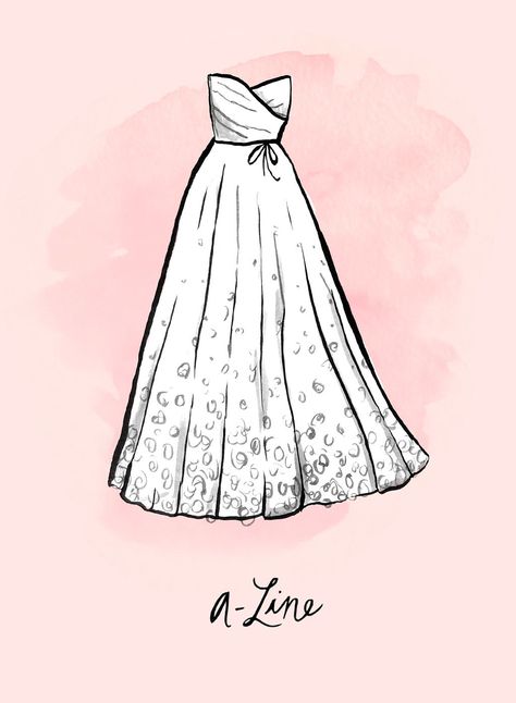 What It Looks Like: While the top is fitted to your body, the skirt portion gets wider as it reaches the floor, creating a shape that looks sort of like an "A" (hence the name). Design to Shop: BHLDN Penelope Gown ($970) A Line Silhouette Dress Sketch, A Line Silhouette Dress, A Line Silhouette, Wedding Dress Shapes, Disney Mignon, Different Wedding Dresses, Dress Sketch, Line Silhouette, Wedding Dress Silhouette