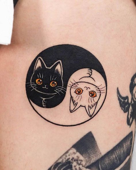 61 Balanced Yin Yang Tattoos With Meaning - Our Mindful Life Cat And Dog Tattoo, Cats Tattoo, Wrist Tattoo Cover Up, Ying Yang Tattoo, Cute Cat Tattoo, Yin Yang Tattoos, Cat Tattoo Designs, Tattoo Cat, Tattoo Life