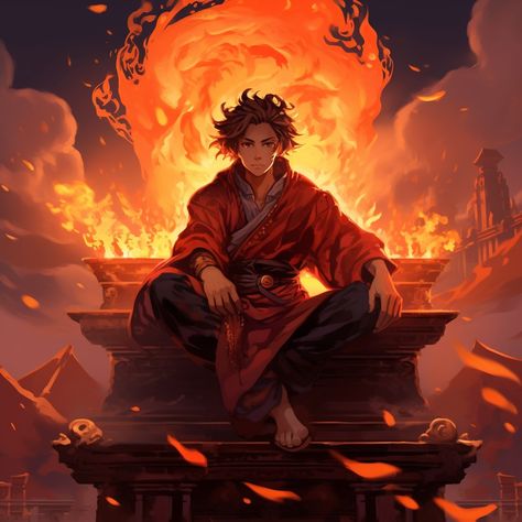 Fire is his affinity, and he burns with a passion to conquer his past and future and an undeniable will. Fire Monk Dnd, Fire God Art Male, Fire Mage Male Character Design, Fire Knight Art, Fire Mage Character Design, Fire Hair Oc, Fire Mage Art, Fire Character Design Male, Fire Oc Male