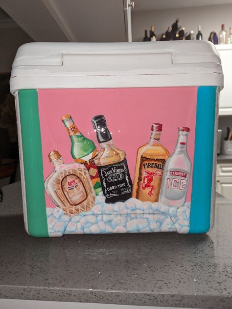 Ice Chest Ideas Diy Cooler Painting, Inside Frat Cooler, Frat Ice Chest Cooler Painting, Unique Frat Cooler Ideas, Sorority Coolers Painted, Painted Frat Cooler Ideas, Decorated Coolers Fraternity, Girly Painted Cooler, Frat Coolers Mountain Weekend