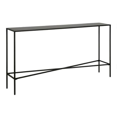 Narrow Black Metal Top Mille Console Table | World Market Narrow Lobby Design, Black Narrow Console Table, Black Iron Console Table, Narrow Console Table Decor, Extra Long Sofa Table, Long Narrow Console Table, Narrow Console Table Entryway, Kitchen Console, Black Metal Console Table