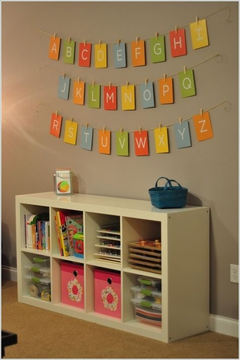 3. Display Alphabet Flash Cards in Fun Colors So That Your Child Can Learn too While Playing Alphabet Banner, Ikea Expedit, Basement Playroom, Boys Playroom, Home Daycare, Abc Alphabet, Toy Rooms, Big Boy Room, Playroom Decor