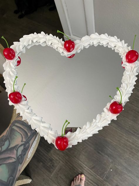 Adorable 12 inch kawaii mirror with faux frosting and cherries. Perfect for a gift, bathroom or bedroom decor. Cherry Bathroom Ideas, Cherry Themed Bathroom, Spackle Projects, Cherry Bedroom Decor, Cherry Bathroom Decor, Cherry Room Decor, Cherry Crafts, Decorate Mirror, Kawaii Mirror