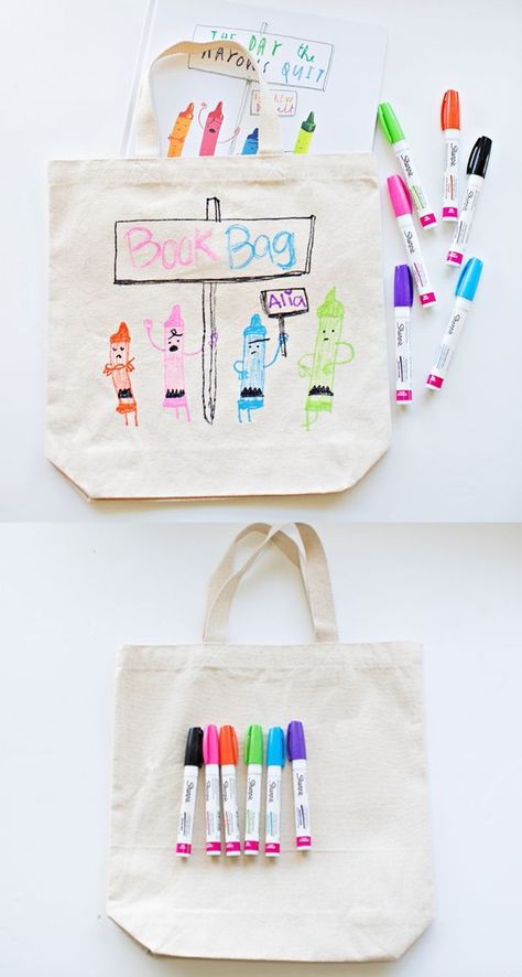 DIY Library Book Bag for Kids. Get kids excited about reading by making their own book bag based off their favorite children's book covers and illustrations. Fun way to get them excited about summer reading. Kids Book Club Ideas, Book Bag Diy, Diy Library, Book Themed Birthday Party, Book Bags For Kids, Grandma Diy, Library Book Bag, Book Birthday Parties, Library Tote Bag