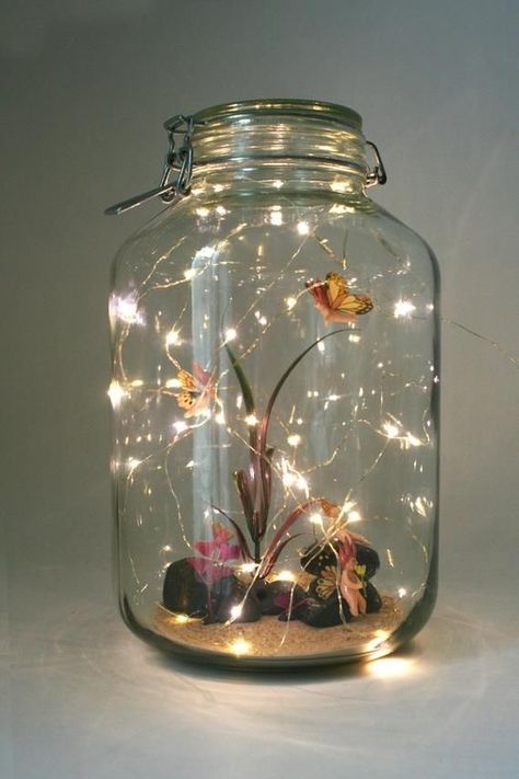 Fairy Jars Diy, Fairy Lights Diy, Fairy Lights In A Jar, Crafts With Glass Jars, Fairy Garden Birthday Party, Fairy Lanterns, Fairy Jars, Glass Bottle Diy, Garden Party Birthday