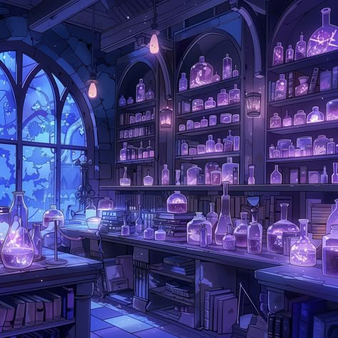 Alchemy laboratory in the interior of a gothic library .. Alchemist Interior Design, Witch Laboratory, Wizard Laboratory, Magical Laboratory, Wizard Library Concept Art, Dnd Library, Fantasy Laboratory, Library Concept Art, Library Graphic Design