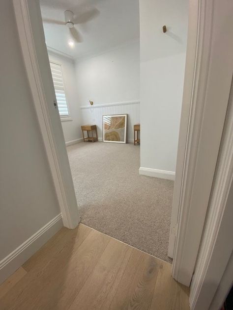 Carpet Hardwood Combo, Carpet With Light Wood Floors, Wood Hallway Carpet Bedroom, Carpet Color Ideas Bedroom, Carpet Colour Ideas Bedroom, White Walls Carpet Color, Carpet Inspiration Living Room, White Walls And Carpet, Carpet Home Ideas