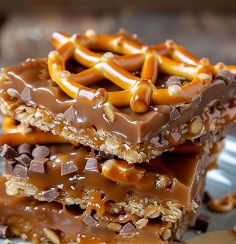 Caramel Pretzel Crack Bars Recipe – Tnextrecipes Recipes By Clare, Baking Squares, Yummy Nummies, 1 Cookies, Chocolate Caramel Pretzels, Baked Caramel, Chocolate Garnishes, Caramel Pretzels, Caramel Bars