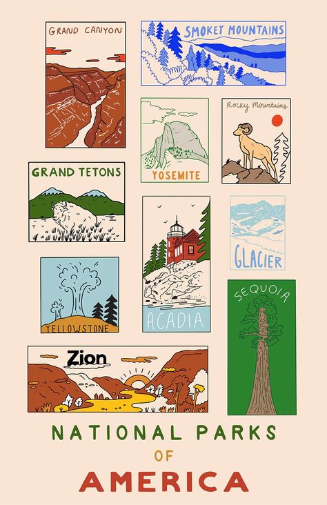 Adventure them all! National Parks Vintage, National Park Infographic, Vintage Travel Aesthetic, National Park Graphic Design, National Parks Aesthetic, National Parks Graphic Design, National Park Signage, Adventurer Aesthetic, National Park Aesthetic