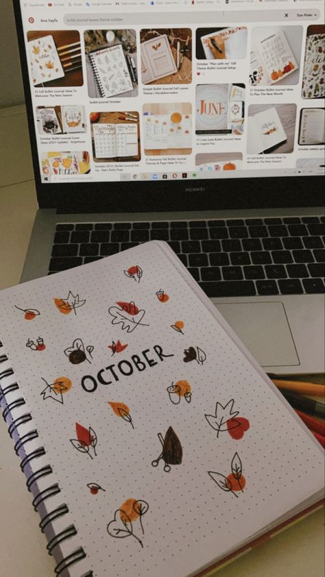 Journal October Theme, Bujo October Theme, Bullet Journal October Theme, Bullet Journal Leaves, Doodle Fall, Bujo October, Leaf Doodle, October Leaves, Journal October