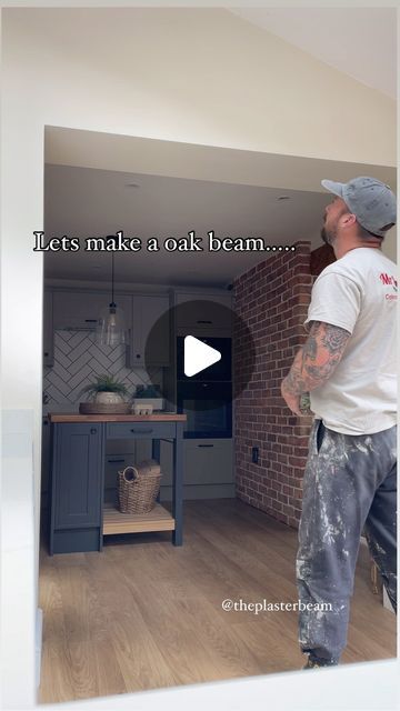 The Plaster Beam on Instagram: "A nice big chunky oak piece added to this kitchen 🪵

Packed with detail 👨🏻‍🎨

Completely transformed the room 👏

#theplasterbeam #beams #oak #wood #faux #imitation #kitchen #house #inspiration #cottage #feature #mrsmoothplastering #shropshire #shrewsbury #renovation #extension #newbuild" Oak Beam Kitchen, Faux Oak Beams, Faux Beam Archway, Wood Beam Kitchen, Fake Wood Beams, Beam In Kitchen, White Oak Kitchen, Fake Wood, Faux Wood Beams