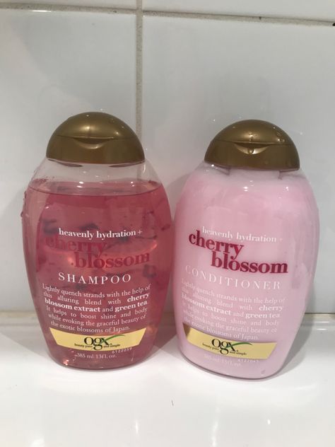 my pic 💋 Cherry Blossom Shampoo And Conditioner, Ogx Cherry Blossom, Cherry Shampoo And Conditioner, Pink Shampoo And Conditioner, Ogx Hair Products Aesthetic, Strawberry Shampoo And Conditioner, Aesthetic Shampoo And Conditioner, Ogx Shampoo And Conditioner, Method Shampoo