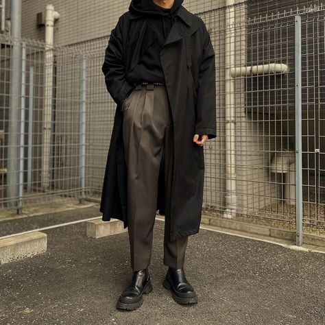 tomo on Instagram: “Choose your favorite Trench fit 1-4. A throwback to @shinyaofficialcom Trench coat fits🖤” Dark Academia Boy, Dark Cottagecore Outfits, Regulus Black Aesthetic, Trench Coat Fits, Formals For Men, Dark Academia Aesthetic Outfit, Business Core, Korean Street Fashion Men, Dark Academia Outfits