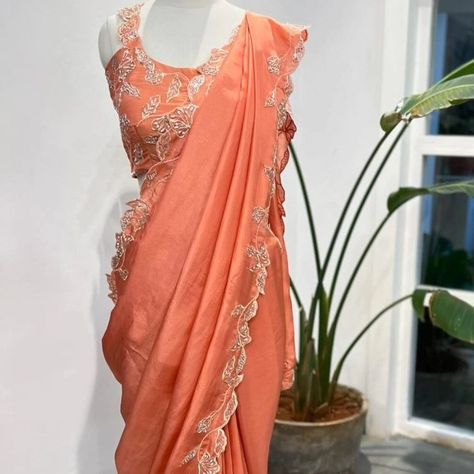 DM@9640490158 Designer elegant trendy cutwork saree with blouse Ready to wear for occasions Cutwork Saree Designs, Latest Pattu Sarees, Trendy Saree, Cutwork Saree, Bridal Sari, Sequence Saree, Churidar Designs, Maggam Works, Orange Saree