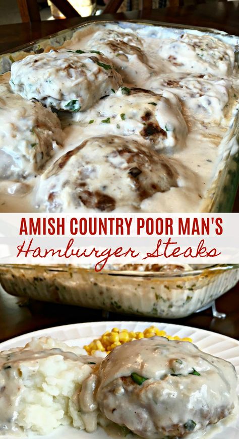 AMISH COUNTRY POOR MAN'S HAMBURGER STEAKS - Big taste on a tight budget! An old fashioned hamburger steak recipe. The "steak" patties are made with cracker crumbs, milk and seasonings, baked in a delicious mushroom gravy. Down home comfort food the whole family will love! Hamburger Steak Recipes, Hamburger Recipes Patty, Hamburger Steaks, Chicken Honey, Baked Steak, Hamburger Steak, Poor Man, Hamburger Meat Recipes, Beef Casserole Recipes