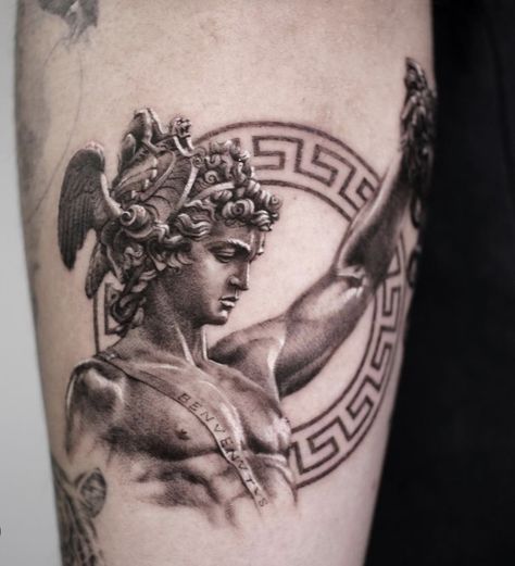 Perseus And Medusa Tattoo, Perseus Tattoo Design, Medusa Perseus, Perseus Tattoo, Hermes Tattoo, Benvenuto Cellini, Head Of Medusa, Roman Tattoo, Zeus Tattoo