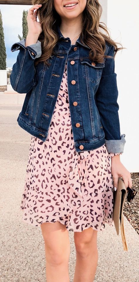 Leopard print dress + denim jacket Denim Jackets For Women Fashion Ideas, Denim Jacket For Women, What To Wear With Denim Jacket, Denim Jacket With Dress Outfit, Denim Jacket Over Dress, Denim Jacket Dress Outfit, Cool Jackets Women, Dress With Denim Jacket Outfit, How To Style Denim Jacket