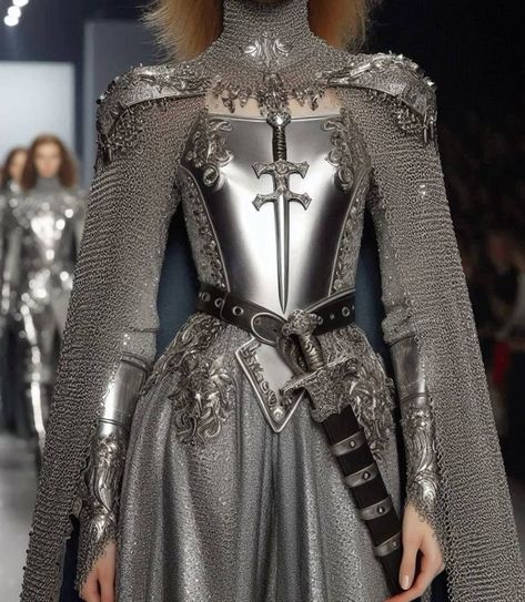 Suit Of Armor Aesthetic, Knight Dress Design, Shoulder Armour Diy, Medieval High Fashion, Armor Dress Aesthetic, Queen Armor Dress, Knight Wedding Dress, Armour Wedding Dress, Princess Knight Outfit