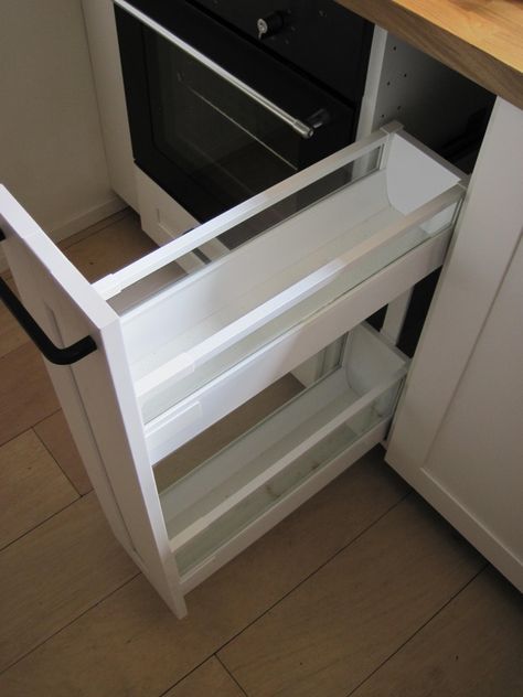 Here's how to max out the IKEA pull-out spice cabinet - IKEA Hackers Kitchen Pull Out Drawers, Ikea Kitchen Drawers, Narrow Cabinet Kitchen, Pull Out Cabinet Drawers, Pull Out Kitchen Cabinet, Ikea Pantry, Pull Out Spice Rack, Ikea Drawers, Kitchen Base Cabinets