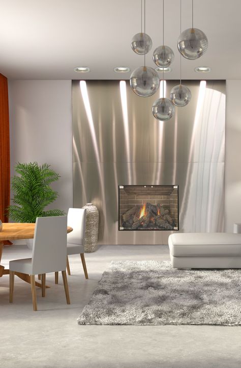 Our Stainless Steel decorative wall panels really bring the modern look to life in this setting. Gorgeous.    #stollindustries #customfireplace #modernstyle #accentwall  #wallpanelsystems #fireplacesurrounds Stainless Steel Wall Panels, Steel Accent Wall, Vertical Tile, Wall Panel System, Brick Accent Wall, Metal Wall Panel, Best Home Interior Design, Steel Plates, Custom Fireplace