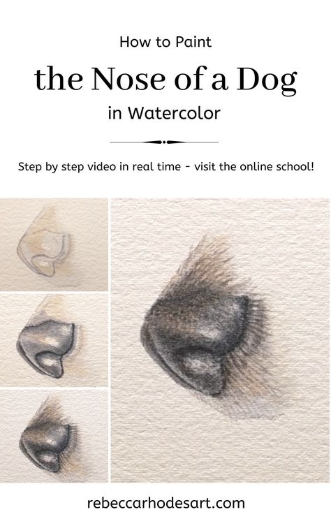 Dogs Nose Drawing, How To Paint A Dog Step By Step, Watercolor Dog Eyes, Watercolor Dog Tutorial, Drawing Dogs Step By Step, How To Paint Dogs, Dog Nose Drawing, Watercolour Dogs, How To Draw Dogs