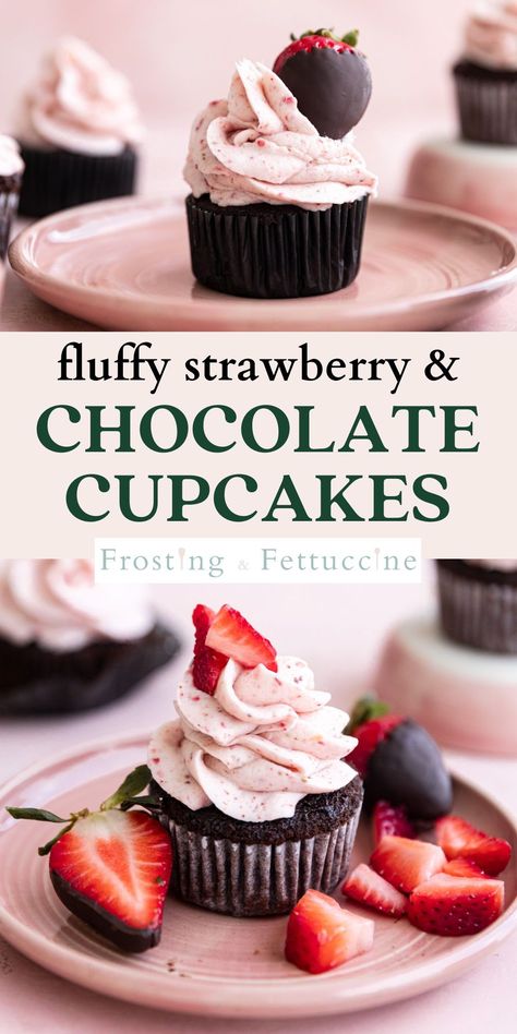 These homemade chocolate cupcakes with strawberries have a moist chocolate cake and are topped with a bright strawberry buttercream frosting. Garnish them with fresh strawberries or chocolate covered strawberries. You'll love this fun chocolate cupcake recipe with strawberry frosting! Chocolate Cupcake With Buttercream Frosting, Chocolate Dipped Strawberry Cupcakes, Dark Chocolate Strawberry Cupcakes, Tasty Cupcakes Recipes, Chocolate And Strawberry Cupcakes, Chocolate Cupcakes With Strawberry Icing, Strawberry Filled Chocolate Cupcakes, Neopolitan Cupcakes Recipe, Chocolate Strawberry Cupcake Recipe