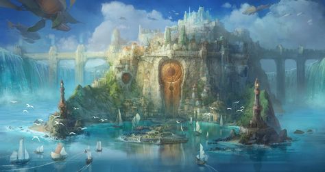 Magical art | ... media Concept Art for the Magical Kingdom, Vallia (view original Old Design, Magical Kingdom, Fantasy Background, Fantasy Island, Magic Realism, Fantasy City, Fantasy Places, Art Station, Fantasy Art Landscapes