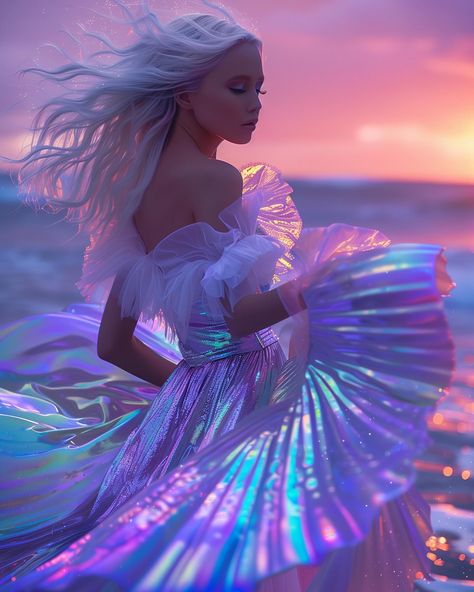 Iridescent Summer ✨💖 Is there anything better than dancing the night away on a gorgeous beach at sunset in your dreamiest iridescent summer dress? 🥰 I can’t wait for those warm summer nights on the beach here in Mallorca 🏝️ It’s my favorite place to be 🌅 Enjoy my new iridescent AI Fashion Collection 💕 and have a wonderful weekend everyone 😘 Love, Marloes #sprinkleofai #iridescent #iridescence #aifashion #fashionweek #dressoftheday #dress #fashionstyle #fashiondesigner #fashiongram #ye... Iridescent Aesthetic, Cosmic Goddess, Iridescent Summer, Dragon 2024, Iridescent Dress, Fantasy Clothes, Fav Products, Ocean Artwork, Have A Wonderful Weekend