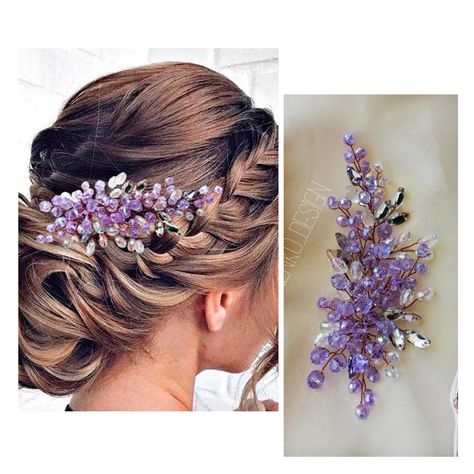 Amethyst Bridal Jewelry, Lavender Hair Piece Wedding, Hairstyles With Purple Accessories, Purple And Gold Hair Accessories, Purple Wedding Hair Accessories, Lavender Hair Accessories, Lilac Hair Accessories, Purple Wedding Accessories, Purple Prom Accessories