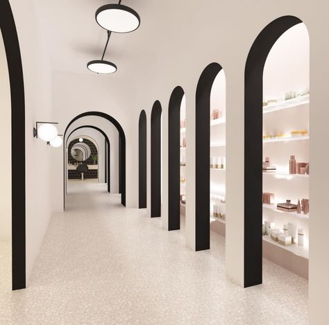 Arched Retail Display, Interior Arches, Wall Cutout, False Wall, Dining Room Light Fixture, Lobby Interior Design, Corridor Design, Soho Style, Store Design Boutique